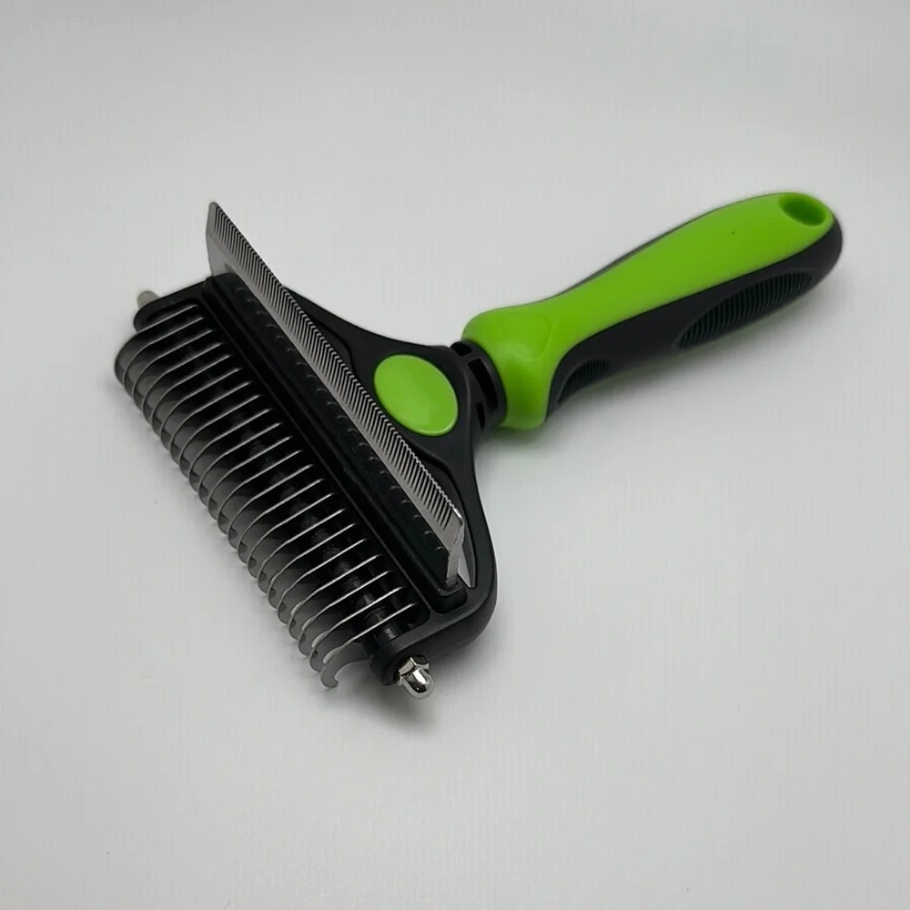 Green and Black Dog Deshedding Brush with Ergonomic Handle